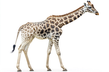 Naklejka premium A young giraffe stands isolated on a white background