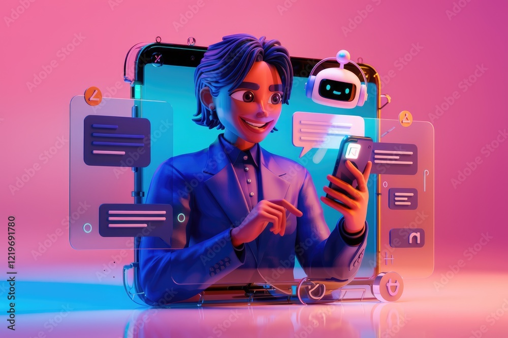 Poster a 3d illustration of a man using a smartphone with chatbots and digital interfaces, showcasing moder