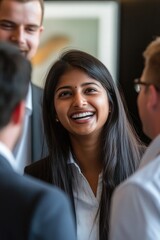 A smiling woman conversing with a group of people, possibly at an event or gathering