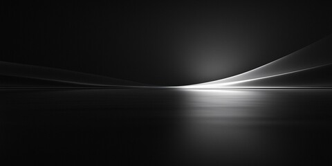Elegant Black and White Horizon Abstract Background featuring sleek white flowing curves and a soft gradient