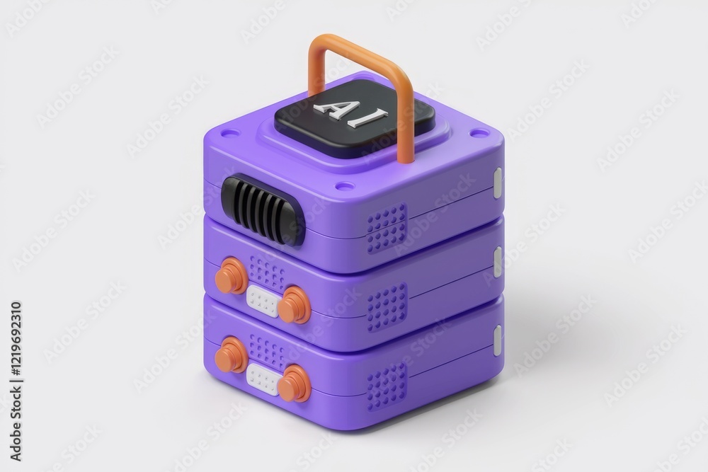 Poster A stackable, purple AI device with a handle, buttons, and vents, suggesting advanced technology and computing power.