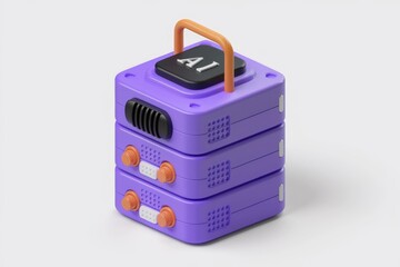 A stackable, purple AI device with a handle, buttons, and vents, suggesting advanced technology and computing power.