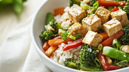 Image of rice and vegetable stir-fry with tofu and soy sauce in a white bowl, emphasizing colorful and nutritious aspects. Ideal for quick meals and healthy eating.
