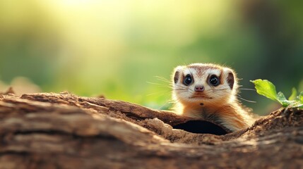 Fototapeta premium Curious meerkat peeking out of burrow in sunlit nature environment close-up photo