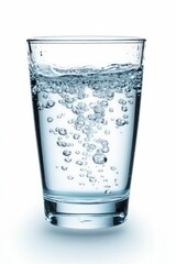 clear glass of sparkling water with bubbles, pure hydration concept, refreshing drink, clean and healthy beverage, minimalist white background.