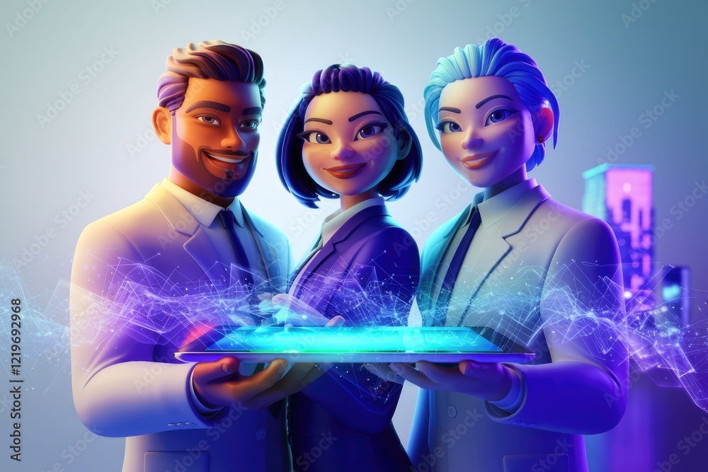 Poster three diverse business professionals collaborate on a digital tablet, showcasing teamwork and techno
