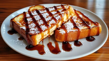 Indulging in delicious french toast cozy indoor setting close-up food photography sweet syrup drizzle