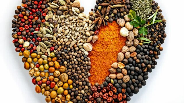 Heart-shaped arrangement of various spices and seeds on a white background to symbolize love for cooking