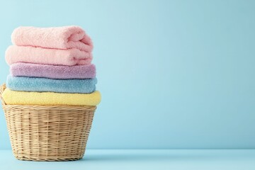 stack of colorful folded towels in wicker basket on pastel blue background, fresh clean laundry, soft fabric, home organization, cozy hygiene.