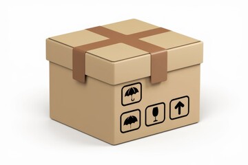 A cardboard box secured with brown tape, displaying fragile and handle with care symbols.
