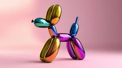 Iridescent neon shiny classic balloon dog. Rainbow holographic bubble animal isolated on light pink background. 3d element for banner with copy space. Hologram Foil Aesthetic. Trendy creative gradient