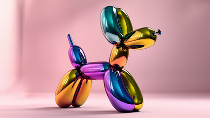 Iridescent neon shiny classic balloon dog. Rainbow holographic bubble animal isolated on light pink background. 3d element for banner with copy space. Hologram Foil Aesthetic. Trendy creative gradient