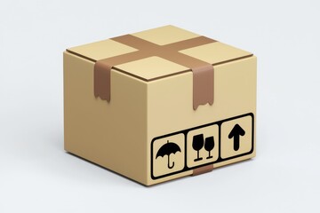 A closed cardboard box secured with brown tape, displaying fragile and up arrow symbols.