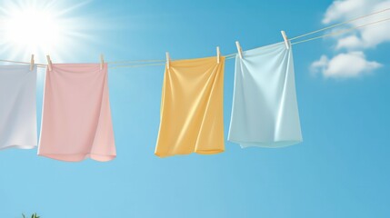 colorful laundry drying on clothesline under sunny blue sky, fresh air drying, eco-friendly cleaning, bright and cheerful outdoor scene.