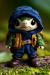 Charming Miniature Turtle Toy in a Hood and Backpack: Whimsical Fantasy Character Photography