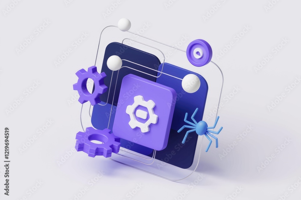 Poster 3d abstract illustration of settings, gears, and a spider symbolizing cybersecurity and system maint