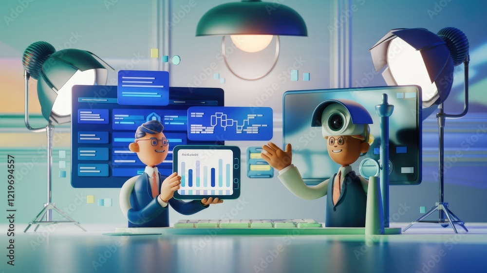Poster Two 3D cartoon businessmen present data analytics on tablets and computer screens in a modern office setting.