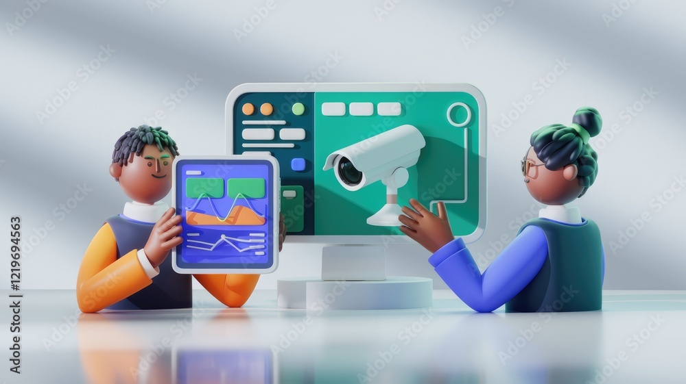 Leinwandbilder two 3d cartoon characters analyzing data and security footage on a computer screen.