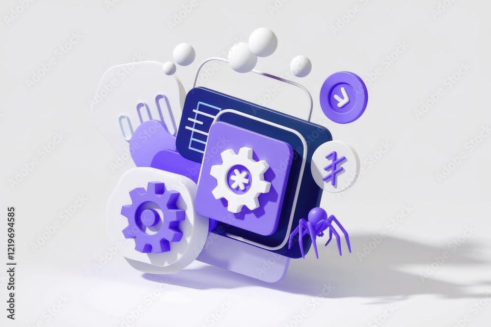 Poster abstract 3d illustration of software development with gears, spider, and interface elements.