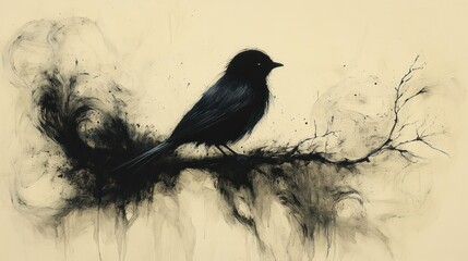 Fototapeta premium Black bird perched on branch, abstract background.