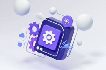 3D illustration of a digital system with gears, spider, and cloud icons, representing software development and bug fixing.