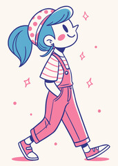 Trendy Blue-Haired Girl Vector in Pastel Cartoon Style