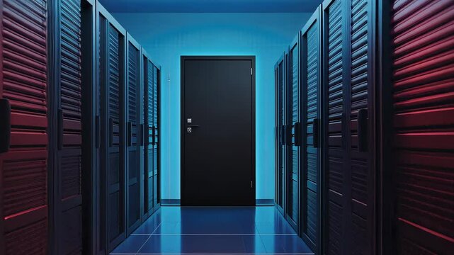 Modern data center with secure server room door and blue lighting