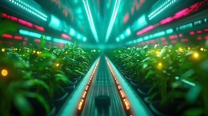 Nighttime farm scene with colorful LED lights illuminating rows of crops, futuristic and vibrant 