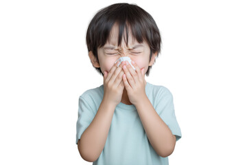 Isolated cut out sick kid coughing sneezing on transparent background