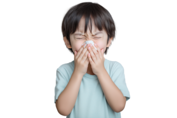 Isolated cut out sick kid coughing sneezing on transparent background