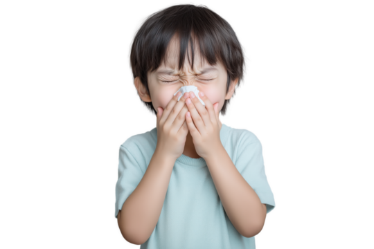 Isolated cut out sick kid coughing sneezing on transparent background