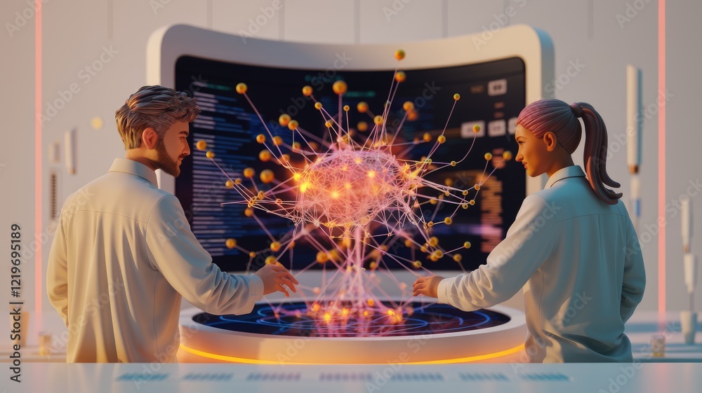 Poster Two scientists collaborate on a complex neural network visualization, exploring data connections and patterns.