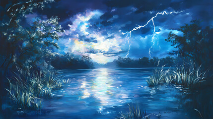 Obraz premium Lagoon lightning in serene whispers. Whispering Lagoon. Illustration