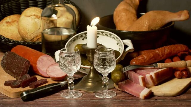 A stylized antique still life with meat, sausages, salami, lard and a glass of vodka.