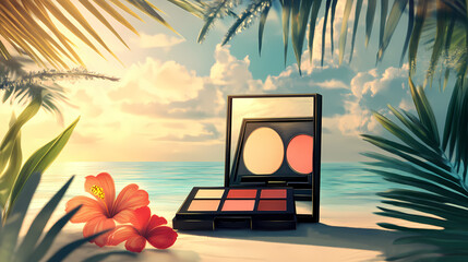 Makeup palette with warm sunset and ocean tones, illuminated by natural tropical light, evoking beach vibes and exotic makeup styles. Whispering Lagoon. Illustration