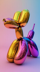 Iridescent neon shiny classic balloon dog. Rainbow holographic bubble animal isolated on light pink background. 3d element for banner. Hologram Foil Aesthetic. Trendy creative gradient