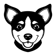 smiling baby dog head black silhouette vector, Simple silhouette Design vector icon with white background.