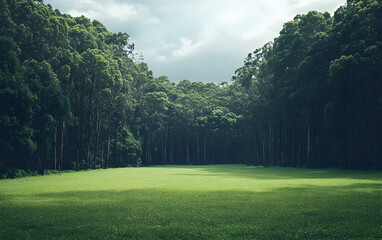 Naklejka premium Lush green field bordered by tall trees, providing a clean and open space perfect for creative designs or messages