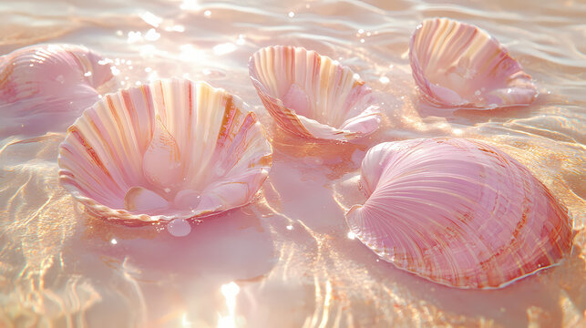Pink irridescent sea shells in glistening shallow water with pink hues and sunlight - generative ai. Whispering Lagoon. Illustration