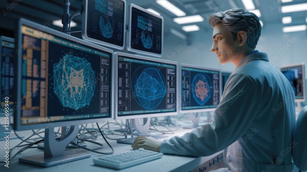 Poster A scientist analyzes complex data visualizations on multiple computer screens in a futuristic laboratory setting.
