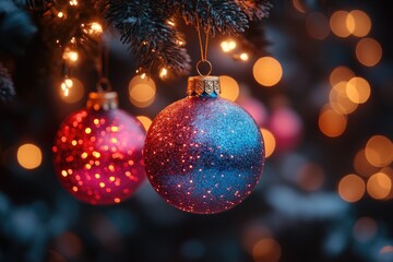 Ornaments hung on Christmas tree, festive decoration for holiday season