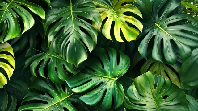 Lush monstera leaves swaying in gentle breeze in highdefinition loop