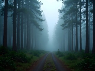 Obraz premium Misty Forest Path Foggy Woods Road Pine Trees Nature