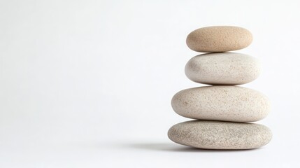 Serene Stack: A Balanced Composition of Four Smooth Stones on a White Background