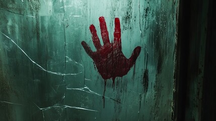 Red-stained handprint on a cracked, foggy window, eerie mystery and suspenseful atmosphere 