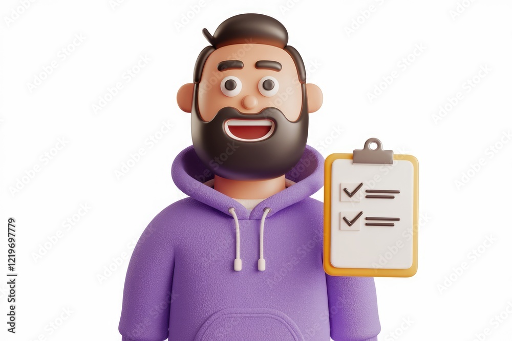 Poster A happy 3D cartoon man with a beard holds a checklist, showing task completion.