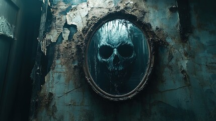 Old, cracked mirror with a ghostly face staring back, haunted and supernatural feel  