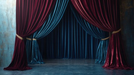 Dramatic Velvet Theater Curtains Red and Teal Stage Drapes Luxury Background