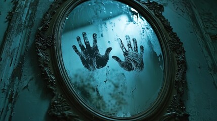 Mirror with ghostly handprints appearing on the glass, supernatural presence and horror theme 