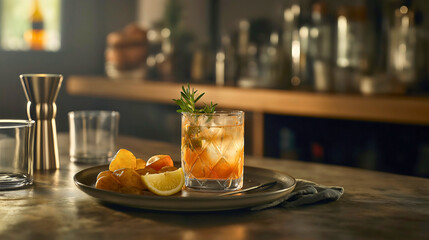 Elegant Craft Cocktail with Lemon Garnish in a Stylish Glass at a Vintage Bar